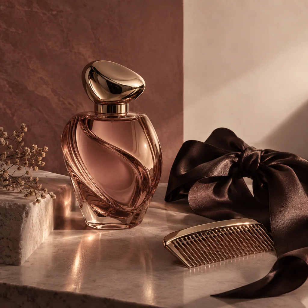 Sculptural perfume still life in warm rosewood tones